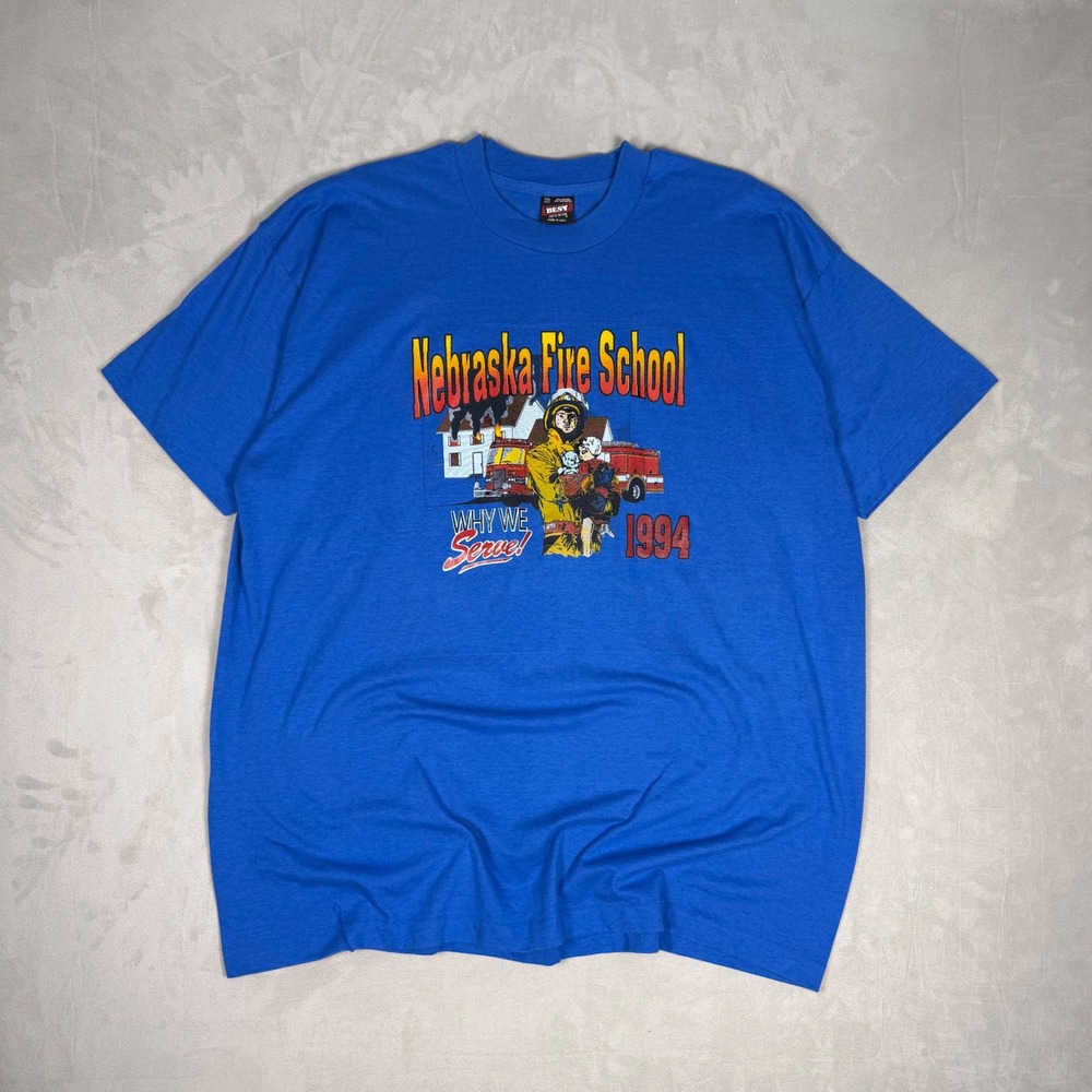 90s Mens Best Fruit of the Loom Nebraska Fire School Graphic Tee Blue XXL